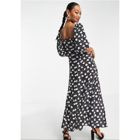ASOS DESIGN puff sleeve ruched bust Midi split dress in floral and heart Size 4 - Picture 4 of 10